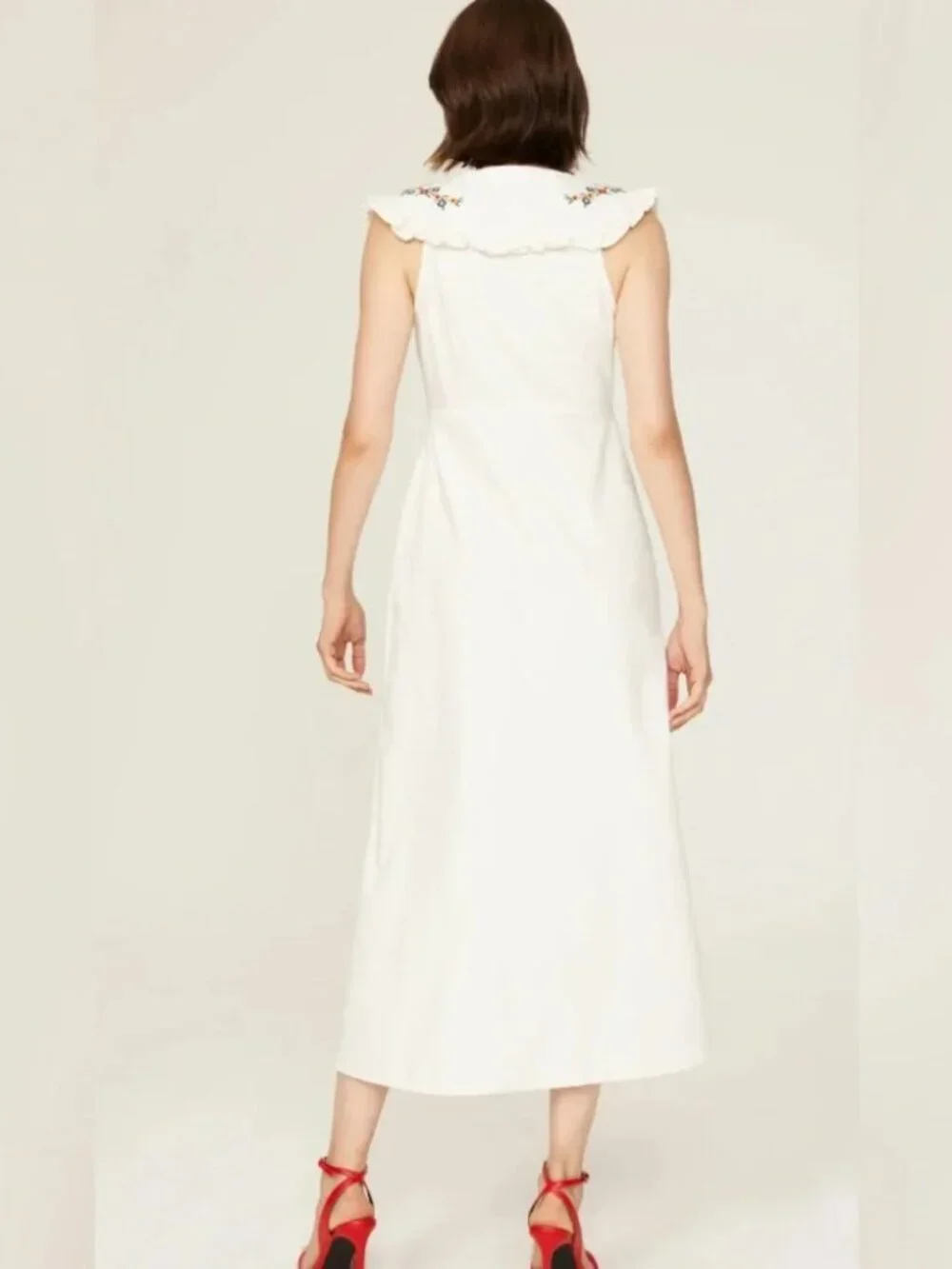 RIXO Nova Dress Midi Floral Embroidered Spread Collar Ecru Button front M - Picture 5 of 14